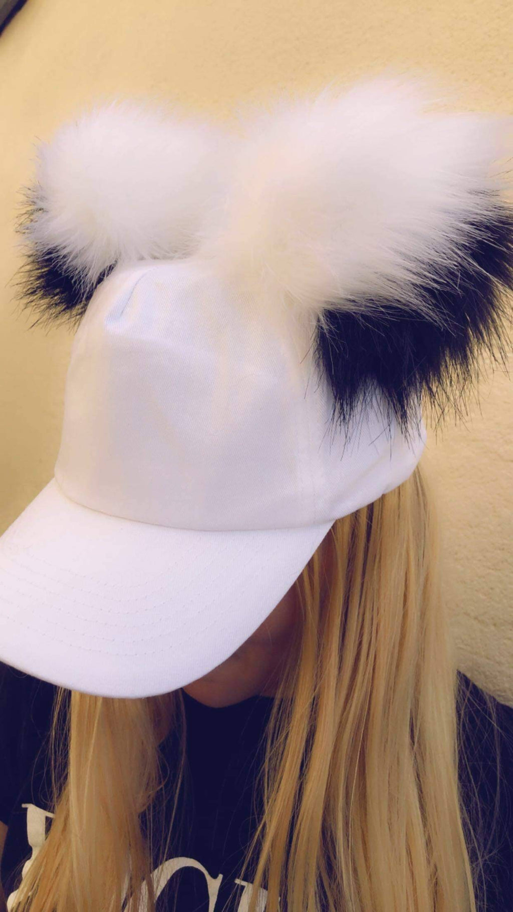 Fabulous Fluffy Pom Pom Baseball Cap- White baseball Cap- Black/White Pom Pom