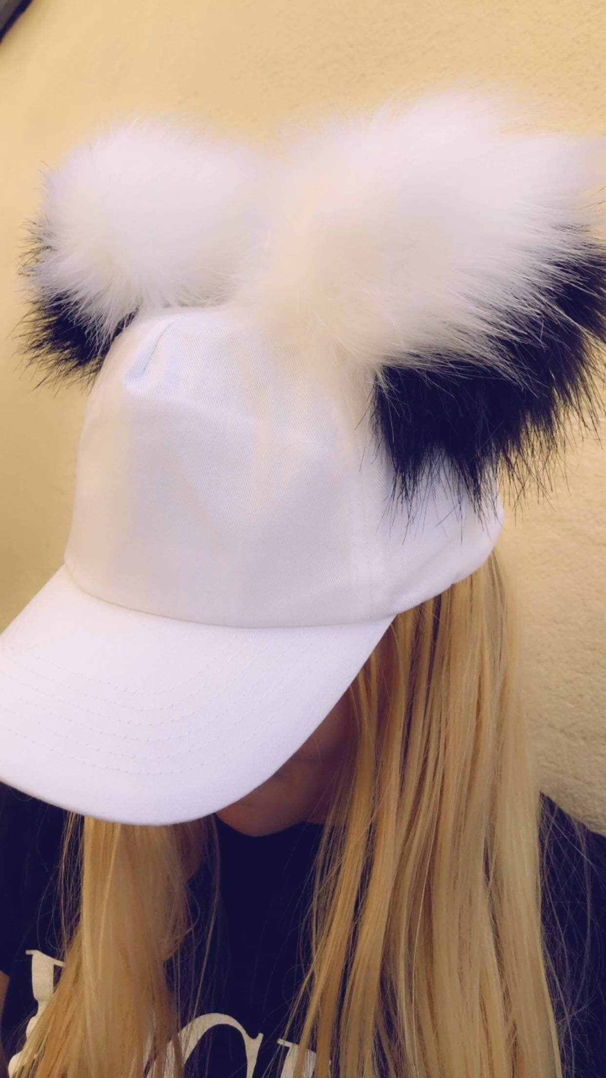 Fabulous Fluffy Pom Pom Baseball Cap- White baseball Cap- Black/White Pom Pom