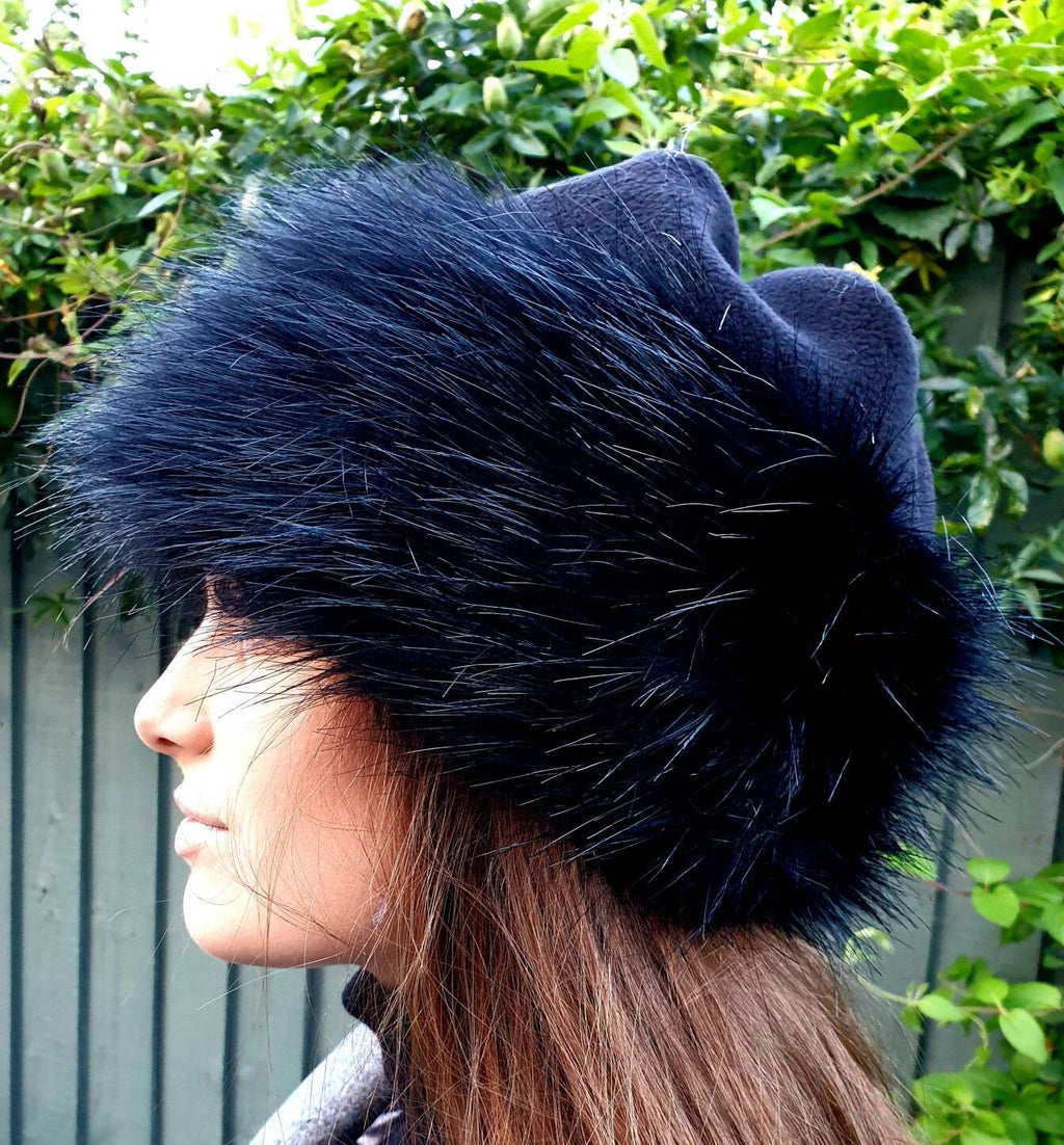 Fleece Top Faux Fur Hat in Long Black with Full Polar Fleece Lining