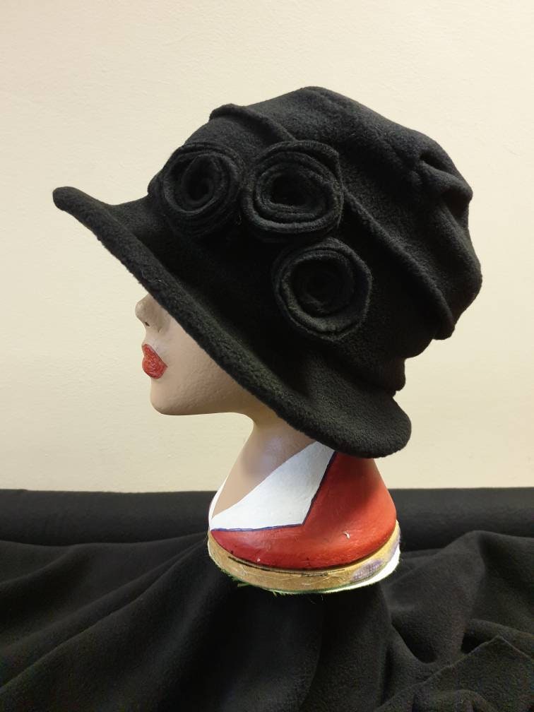Cosy Black Fleece Hat with Pleated Top-Fully Fleece Lined-Downton Abbey Hat-Womens Fleece Hat-Womens Fleece Winter Hat-Ladies Winter Hat