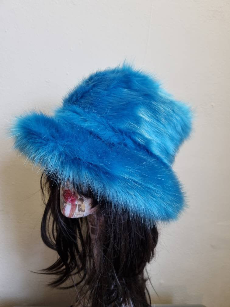 Stunning Super Luxury  Faux Fur Bucket Hat-Peacock Blue-Fuzzy Bucket Hat-Festival Hat-Floppy Hat-Fur Ha-Rave Hat-Blue Bucket Hat