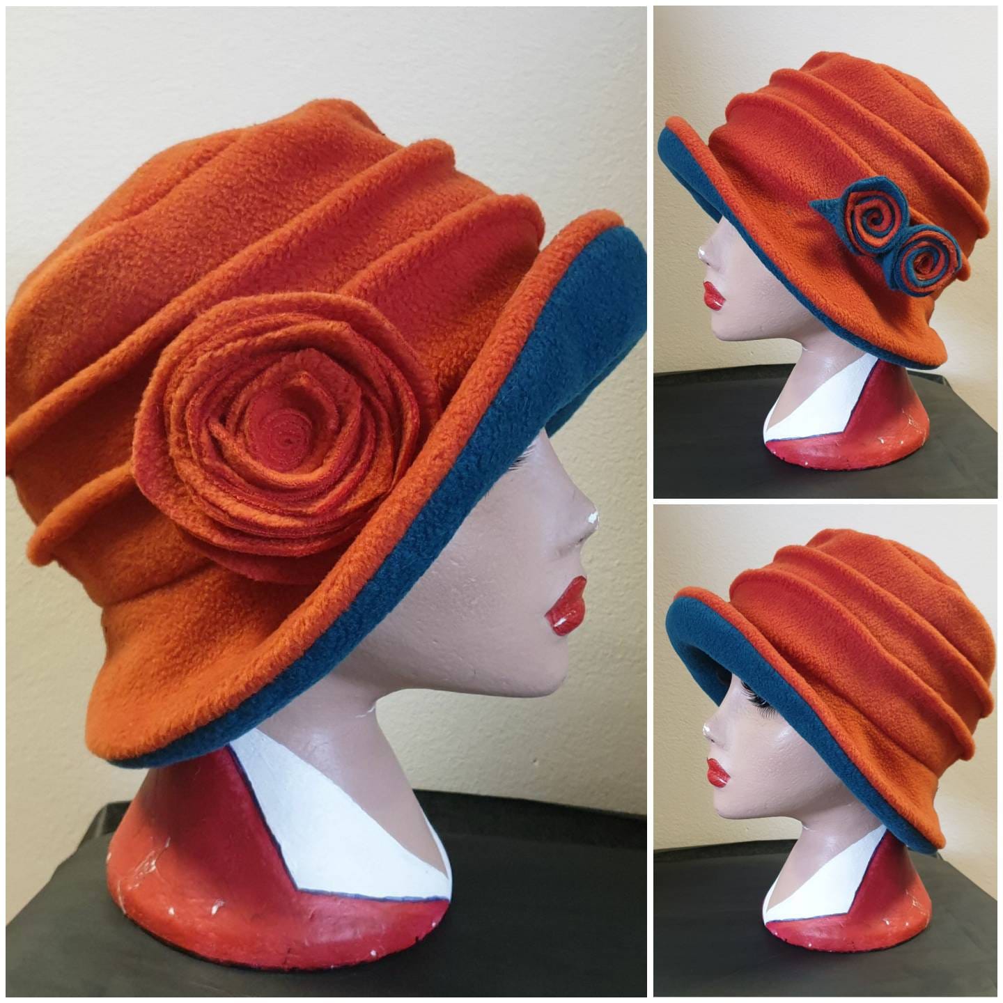 Burnt Orange & Teal Fleece Cloche Hat | Handmade in England