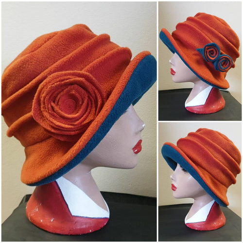 Burnt Orange & Teal Fleece Cloche Hat | Handmade in England