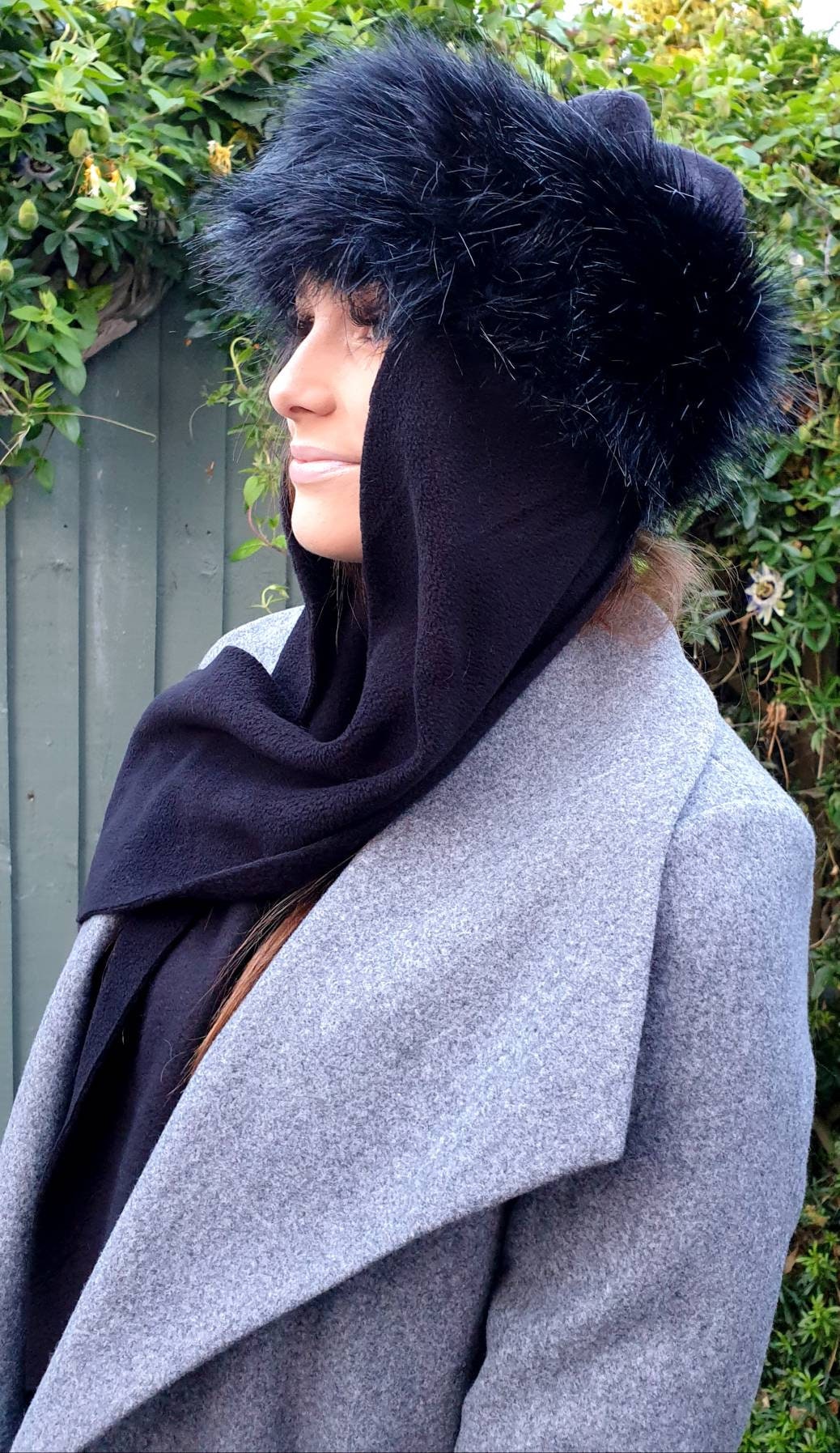 Black Faux Fur Frieda Scarf Hat. Faux Fur band with Fleece Top and Long Fleece Sides. Long Black Fake Fur with Full Polar Fleece Lining