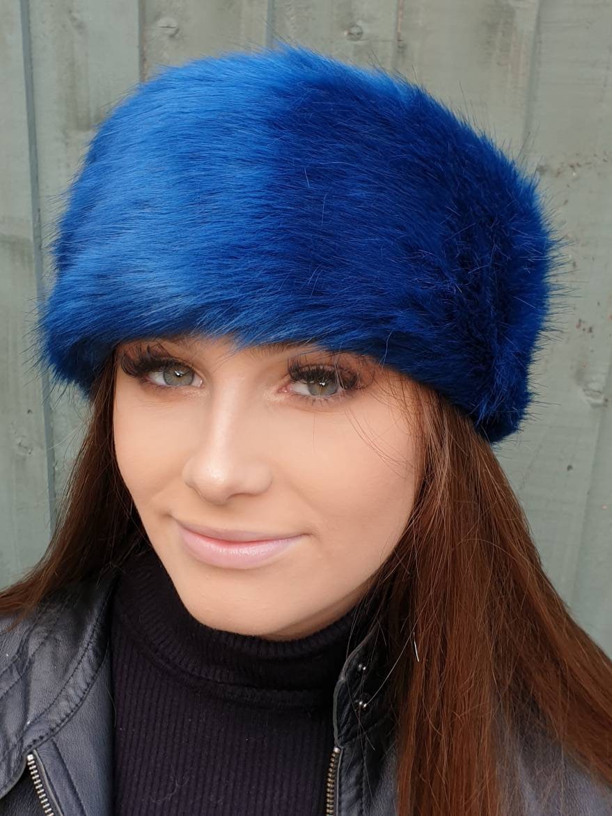 Sapphire Blue Luxury Faux Fur Headband / Neckwarmer / Earwarmer-Head Wrap-Fur Head Wrap-  Handmade in Lancashire England