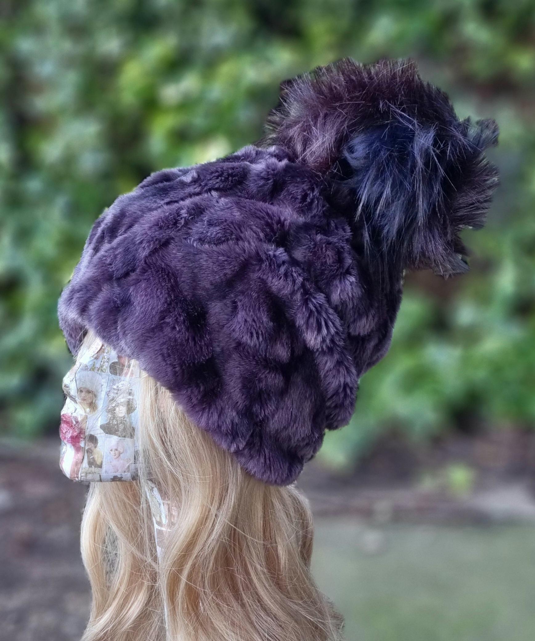 Violet Faux Fur Pom Pom Hat-Fully Lined with Polar Fleece-Pom Pom-Fake Fur Hat-Purple Fur-Ladies Winter Hat-Fleece Hat-Purple Pom Pom