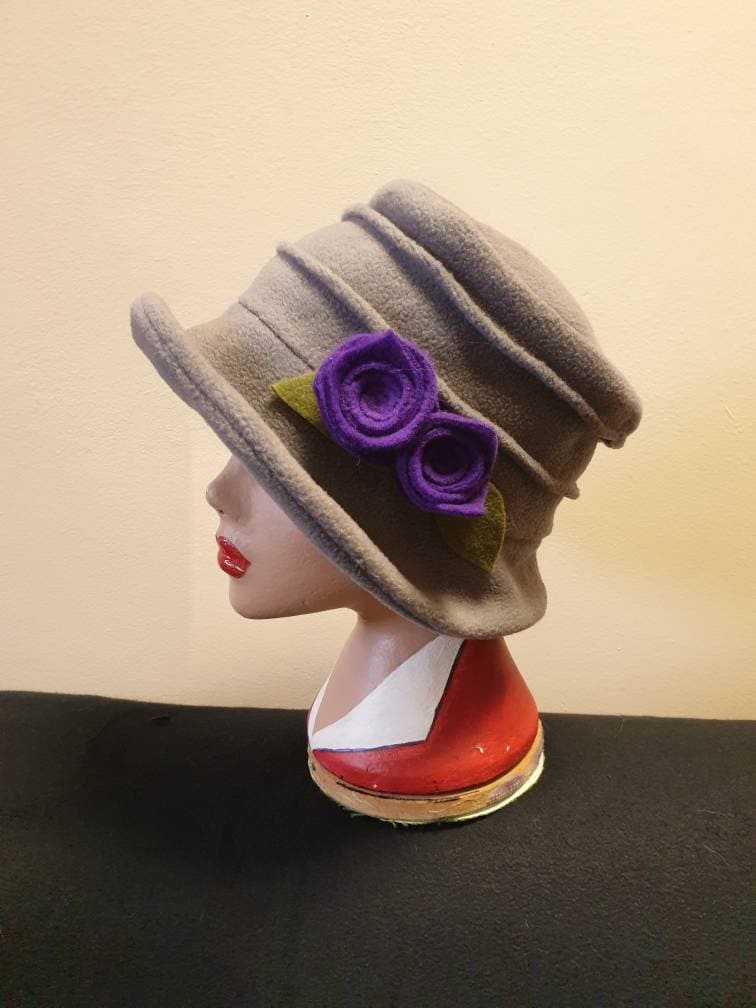 Light Grey Fleece Hat with Purple Flower-Polar Fleece Lining-Downton Abbey Hat-Cloche Hat-Womens Fleece Winter Hat-1930's-Ladies Winter Hat-