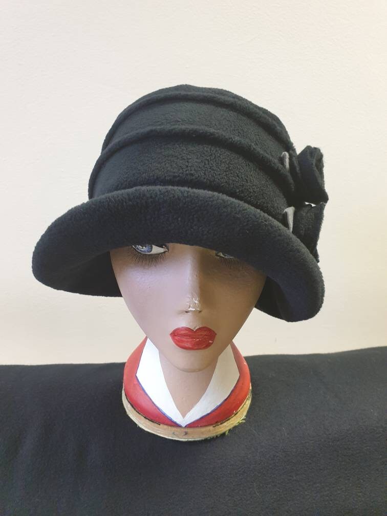 Black Fleece-Cloche Hat with Black Flower Detail-Polar Fleece Lining-Downton Abbey Hat-Womens Fleece Winter Hat-1930's-Ladies Winter Hat