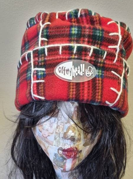Original Off My Head Hat Tartan Fleece Hat with Blanket Stitch Detail Double Fleece- Fleece Pill Box Hat-Off My Head Hats- Tartan Hat-Fleece
