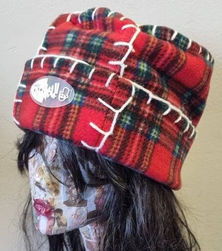 Original Off My Head Hat Tartan Fleece Hat with Blanket Stitch Detail Double Fleece- Fleece Pill Box Hat-Off My Head Hats- Tartan Hat-Fleece