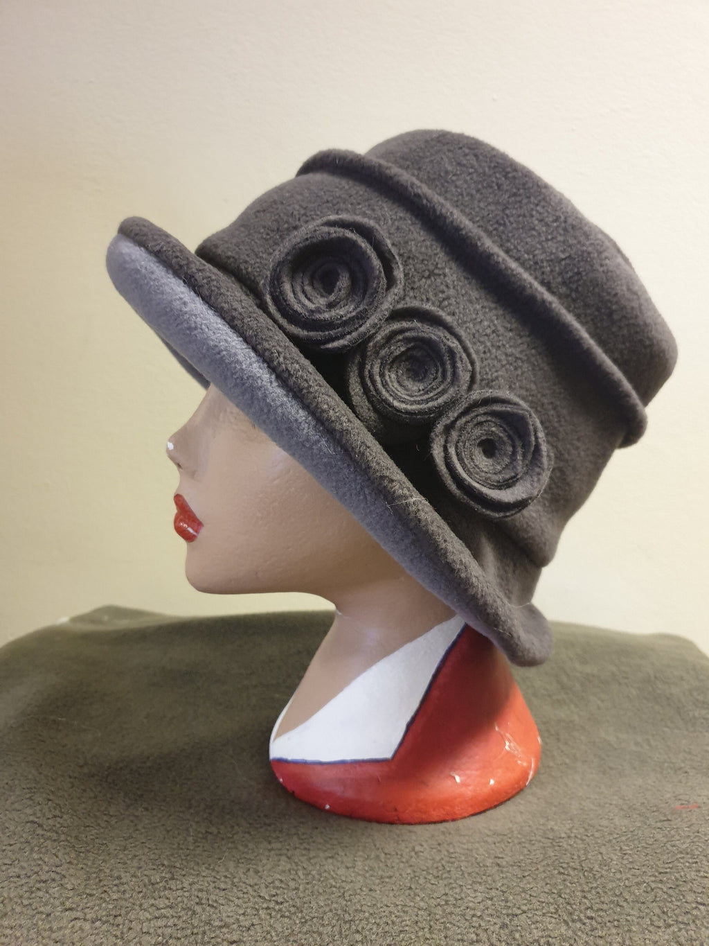 Dark/Light Grey Hat Lined with Polar Fleece-Downton Abbey Hat-Womens Fleece-Womens Fleece Winter Hat-1930's-Vintage Hat-Ladies Winter Hat