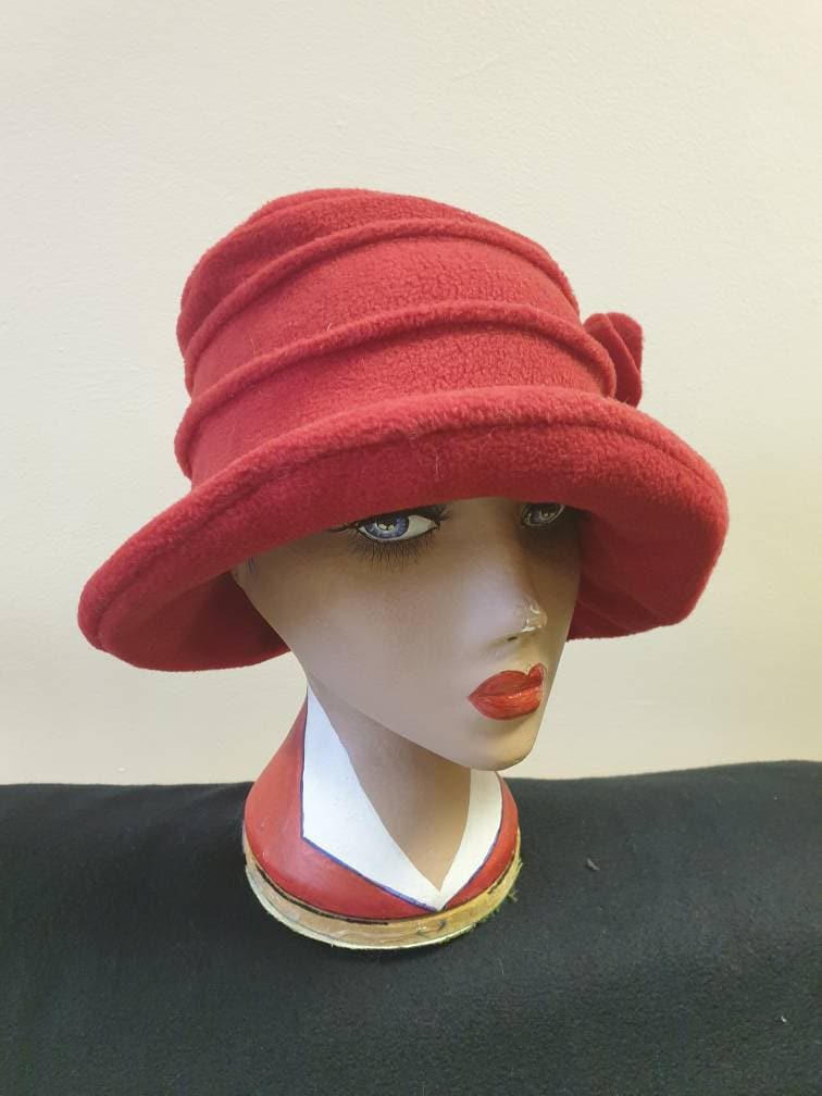 Flower Trimed Red Fleece Hat-Polar Fleece Lining-Downton Abbey Hat-Womens Fleece Hat-Womens Fleece Winter Hat-1930's-Ladies Winter Hat