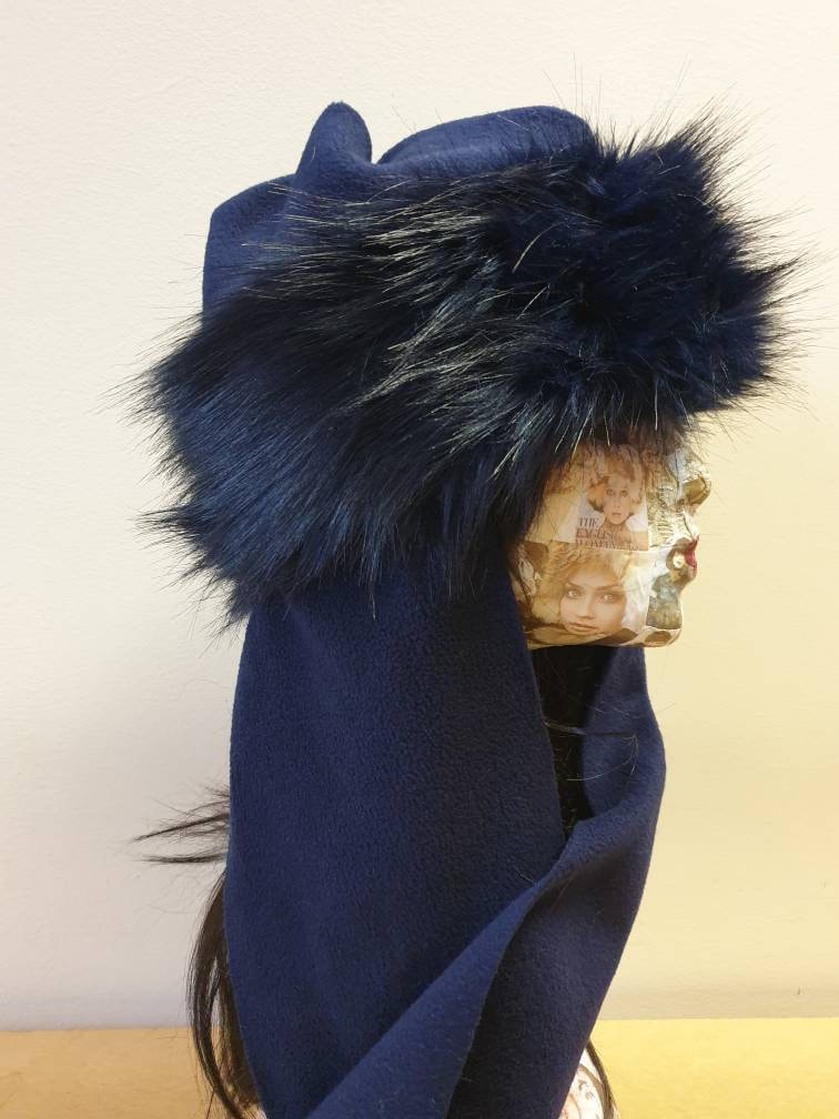 Frieda Scarf Hat-Navy Faux Fur Hat with Navy Fleece Top and Long Fleece Sides- Navy Fur Hat-Midnight Blue- Full Polar Fleece Lining