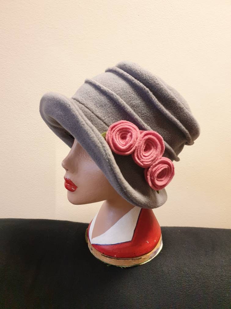 Light Grey Fleece Hat-Polar Fleece Lining-Downton Abbey Hat-Cloche Hat-Womens Fleece Winter Hat-1930's-Ladies Winter Hat-Grey Fleece Hat