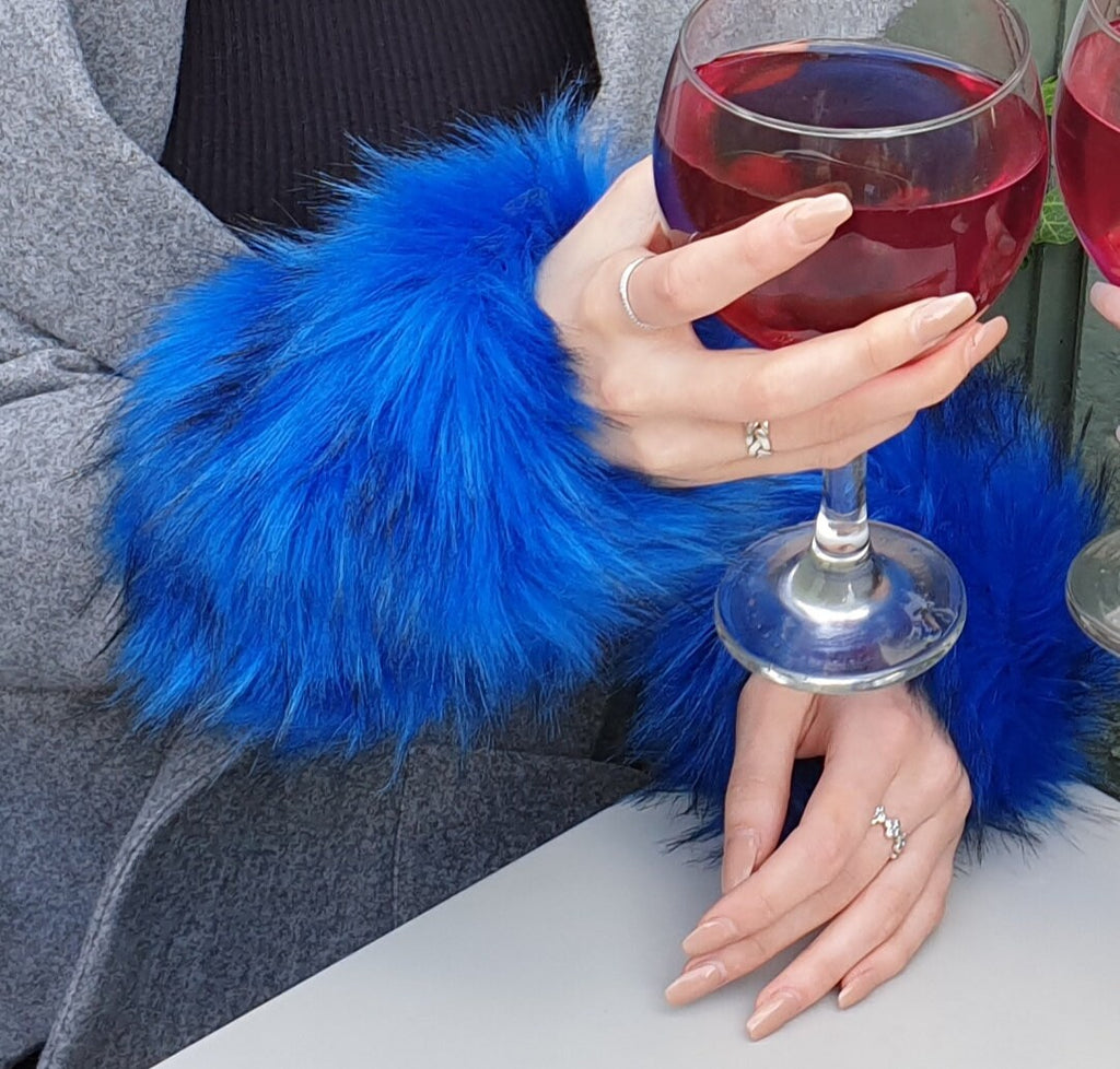 Royal Blue Faux Fur Cuffs with Black Tips | Fluffy Wrist Warmers | Handmade in England