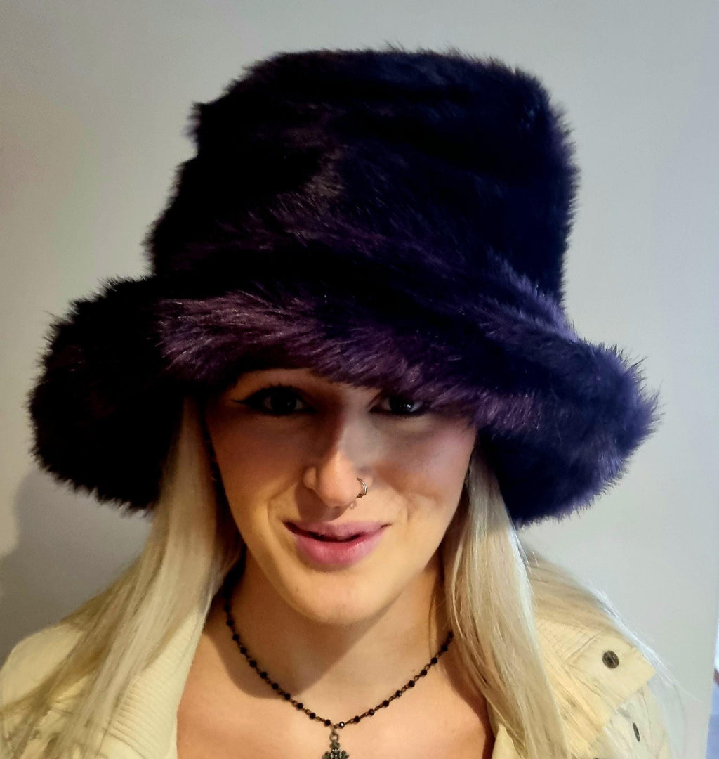 7 inch Tall Purple Black Faux Fur Hat-JK Style Hat-Space Cowboy Hat-Fake Fur Black Hat- Stovepipe Hat- Black Fur Top Hat-Top Hat-Halloween