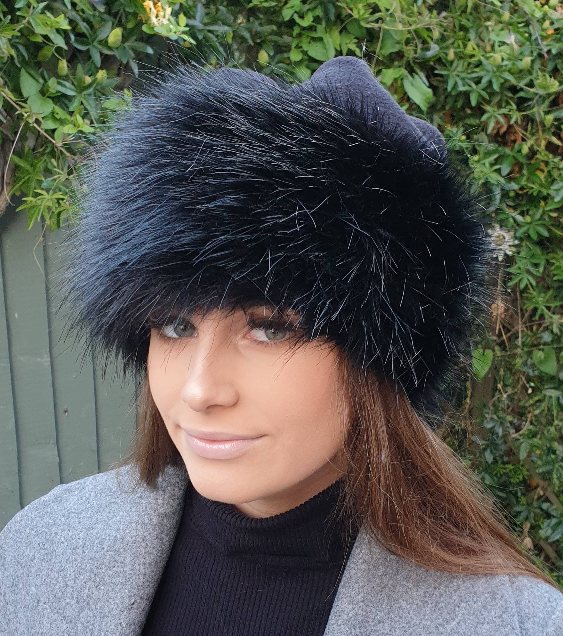 Fleece Top Faux Fur Hat in Long Black with Full Polar Fleece Lining