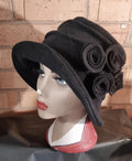 Black Fleece Hat with Flower Detail-Polar Fleece Lining-Downton Abbey Hat-Womens Fleece Winter Hat-1930's-Ladies Winter Hat- Made in England