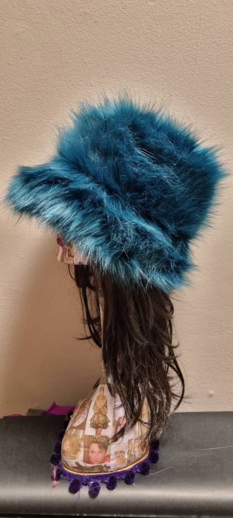 Fuzzy Bucket Hat in Petrol Blue-Festival Hat-Floppy Hat-Fur Hat-Fake Fur Hat-Rave Hat-Petrol Bucket Hat-Blue Fur Hat-vegan friendly hat
