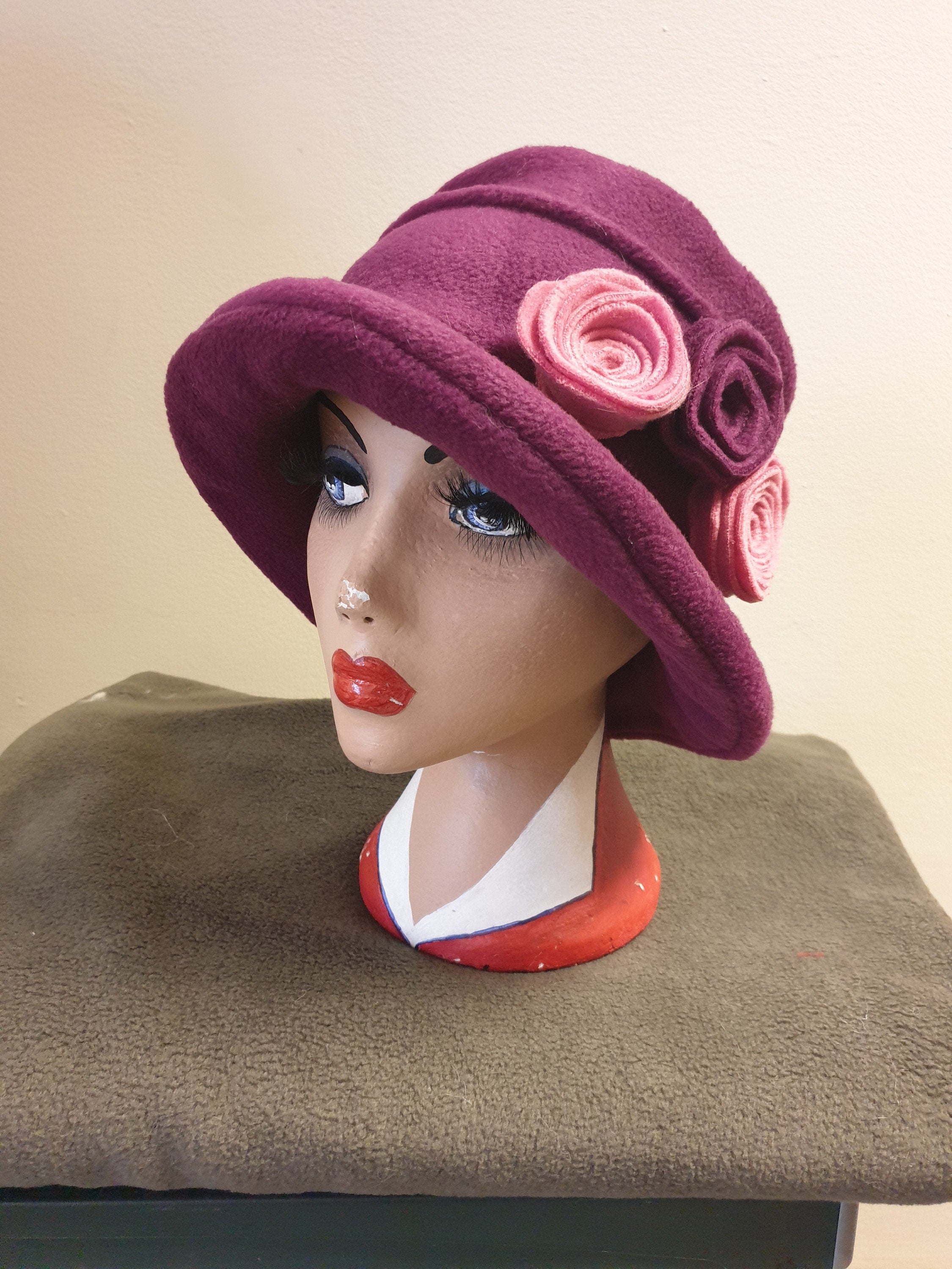 Plum Fleece Hat Lined with Polar Fleece-Downton Abbey Hat-Womens Fleece Hat-Womens Fleece Winter Hat-1930's-Vintage Hat-Ladies Winter Hat