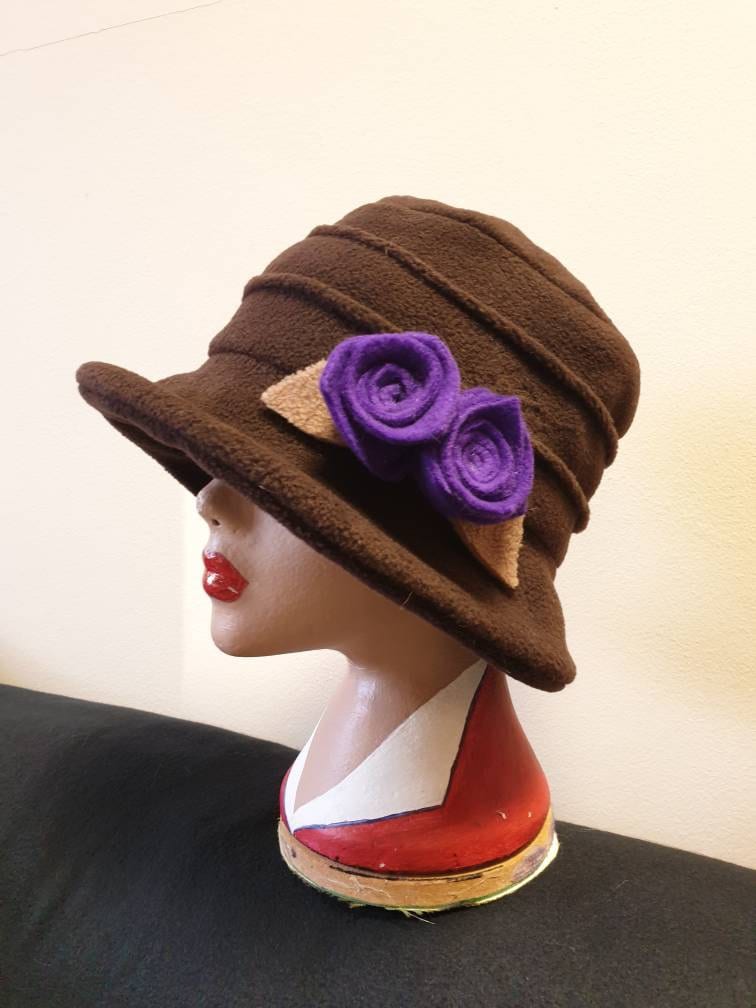 Chocolate Brown Fleece Cloche Hat with Purple Flowers-Fleece Lining-Downton Abbey Hat-Womens Fleece Hat-Ladies Winter Hat-Brown Polar Fleece