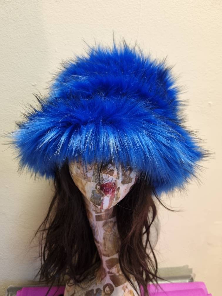 Super Fluffy Royal Blue Luxury Faux Fur Bucket Hat-Deep Blue-Fuzzy Bucket Hat-Festival Hat-Fur Hat-Fake Fur Hat-Rave Hat-Blue Bucket Hat-Y2K