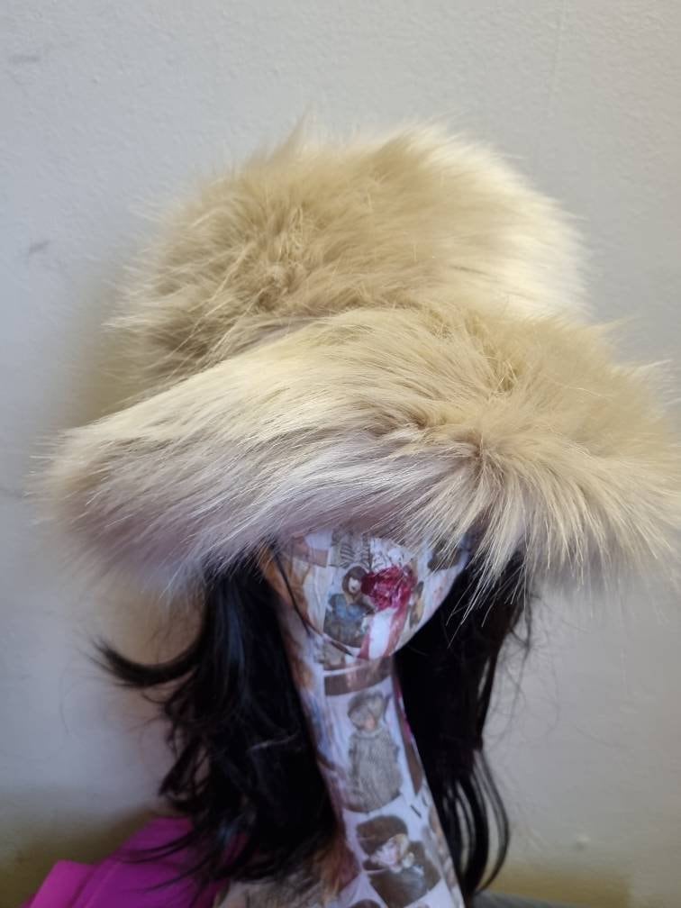 Caramel Fuzzy Bucket Hat-Festival Hat-Floppy Hat-Fur Hat-Fake Fur Hat-Rave Hat-Gold Bucket Hat-Cream Fur Hat-vegan friendly hat-