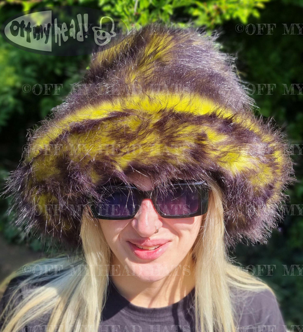 5 inch Tall Yellow-Black Fluffy Hat-JK Style Hat-Space Cowboy Style Hat-Fake Fur Black Hat- Stovepipe Hat- Black Top Hat-Yellow-Cruelty Free