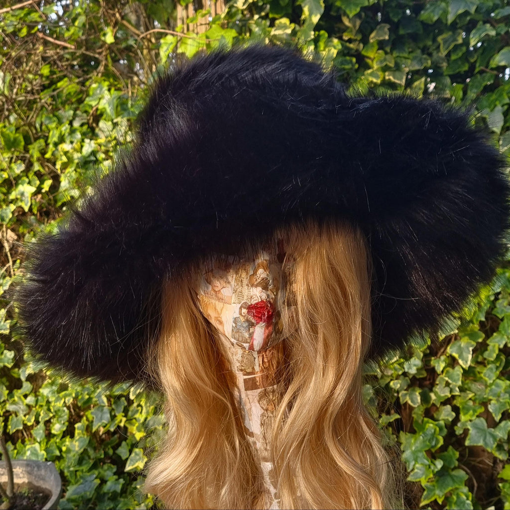 Luxury Wide Brim Black Faux Fur Bucket Hat | Ascot, Winter Weddings & Festivals | Handmade in England
