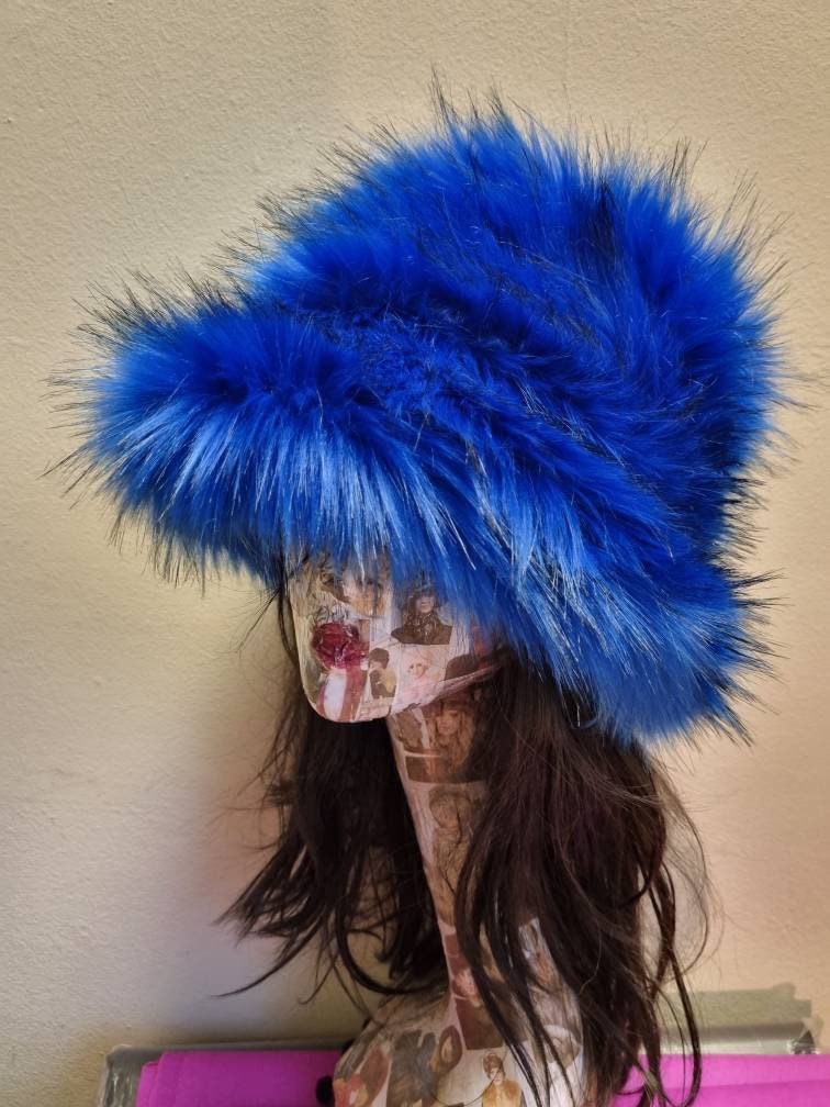 Super Fluffy Royal Blue Luxury Faux Fur Bucket Hat-Deep Blue-Fuzzy Bucket Hat-Festival Hat-Fur Hat-Fake Fur Hat-Rave Hat-Blue Bucket Hat-Y2K
