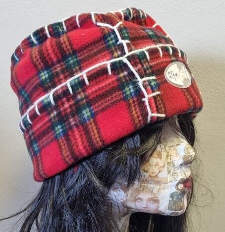 Original Off My Head Hat Tartan Fleece Hat with Blanket Stitch Detail Double Fleece- Fleece Pill Box Hat-Off My Head Hats- Tartan Hat-Fleece
