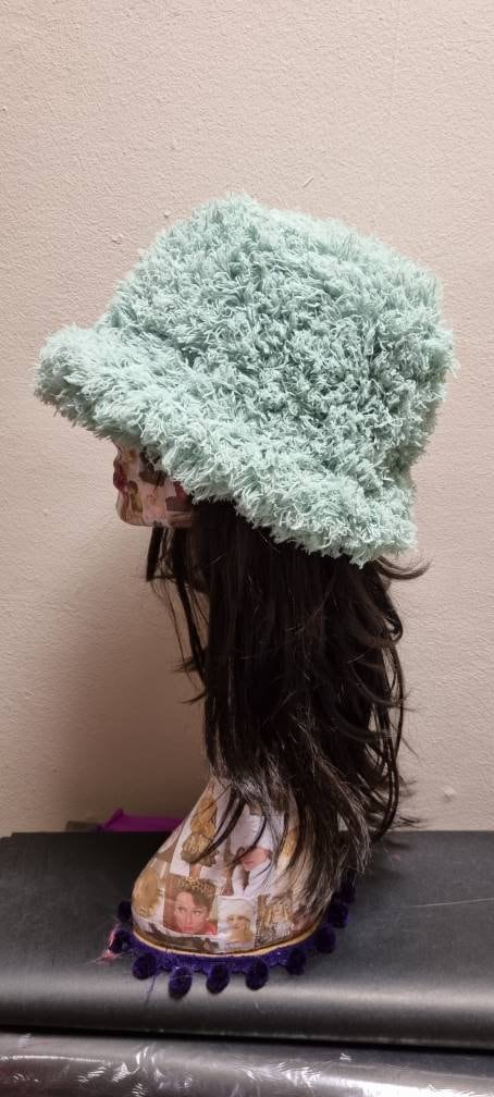 Curly Frills Mint Green Faux Fur Bucket Hat-Festival Hat-Floppy Hat-Fur Hat-Fake Fur Hat-Rave Hat-Mint Fur Hat-Sage Green Fur-Y2K Vegan Hat