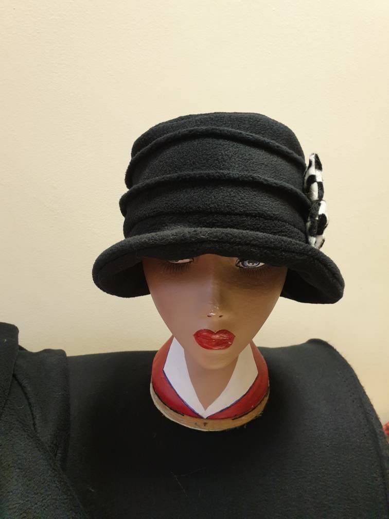 Black Cloche Hat In Cosy Polar Fleece-Dalmation Bows-Downton Abbey Hat-Womens Fleece Hat-Womens Fleece Winter Hat-1930's-Ladies Winter Hat