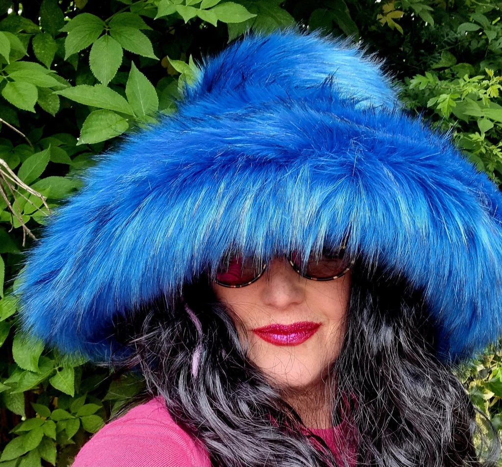 Royal Blue Faux Fur Bucket Hat | Extra Wide Wired Brim | Handmade Festival Hat