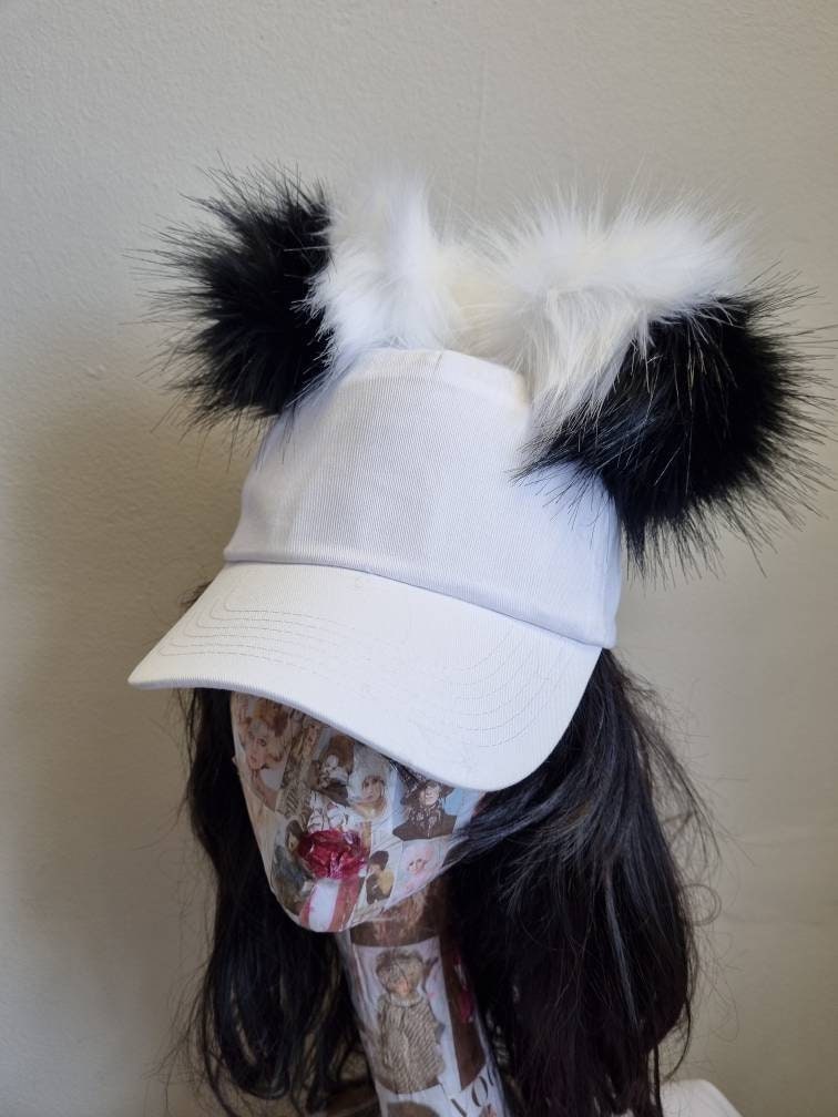 Fabulous Fluffy Pom Pom Baseball Cap- White baseball Cap- Black/White Pom Pom