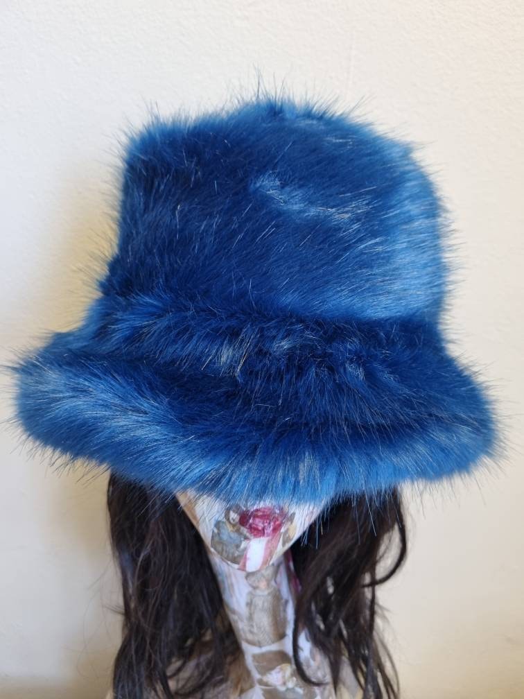 Stunning Super Luxury  Faux Fur Bucket Hat-Deep Blue-Fuzzy Bucket Hat-Festival Hat-Floppy Hat-Fur Hat-Fake Fur Hat-Rave Hat-Blue Bucket Hat