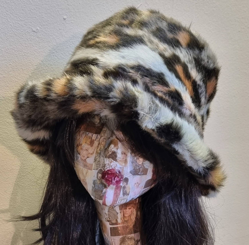 Leopard Print Fuzzy Bucket Hat-Festival Hat-Animal Print Faux Fur Hat-Fake Fur Hat-Rave Hat-Leopard Print Bucket Hat- Hat-vegan friendly-