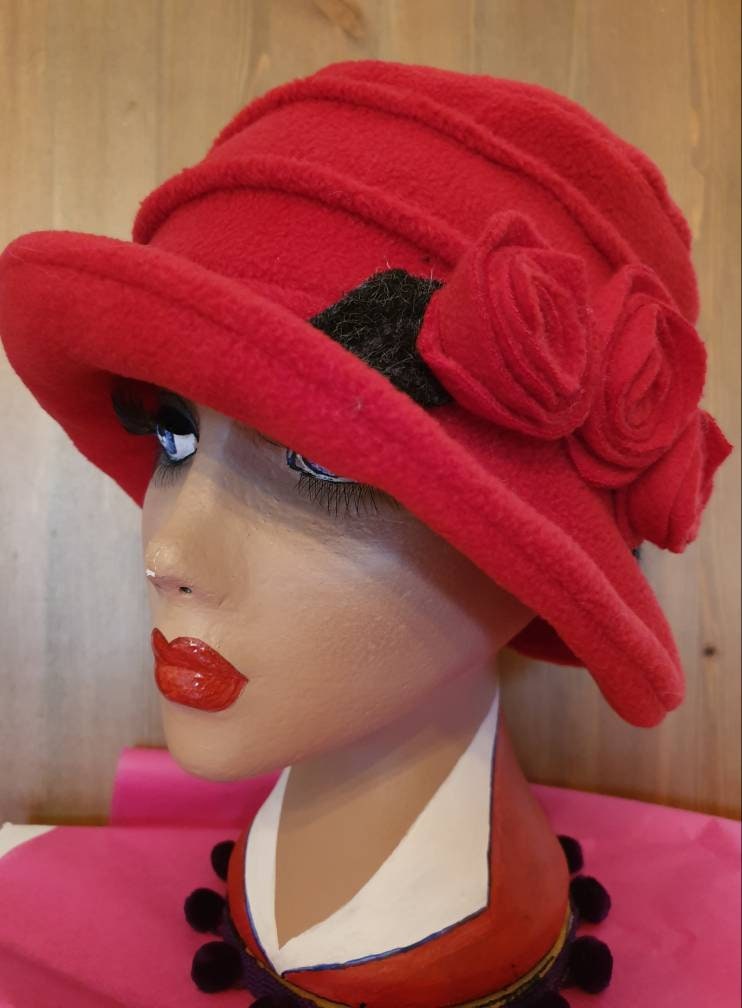 Red Fleece Cloche Hat | Vintage 1920s Style | Handmade in England