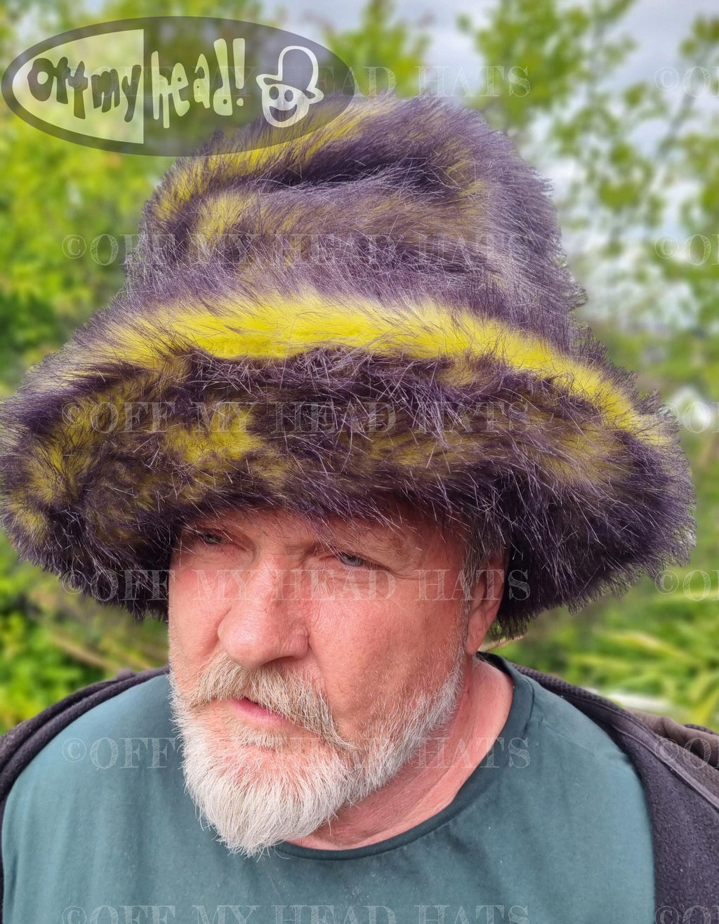 5 inch Tall Yellow-Black Fluffy Hat-JK Style Hat-Space Cowboy Style Hat-Fake Fur Black Hat- Stovepipe Hat- Black Top Hat-Yellow-Cruelty Free
