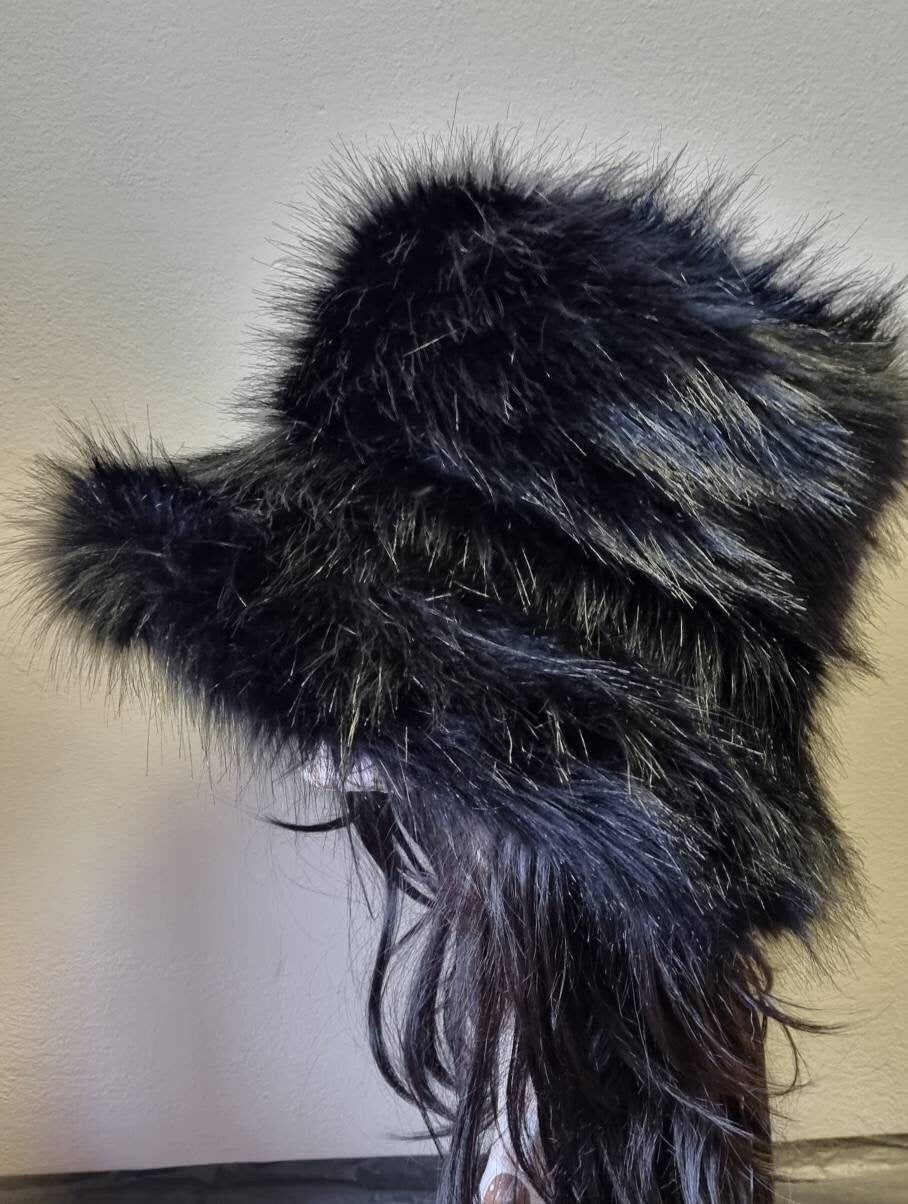 Shiny Black Fabulous Wider 4 inch Brim-Luxury Faux Fur Bucket Hat-Black Fur-Fuzzy Bucket Hat-Festival Hat-Floppy Hat-Fur Hat- Vegan Friendly