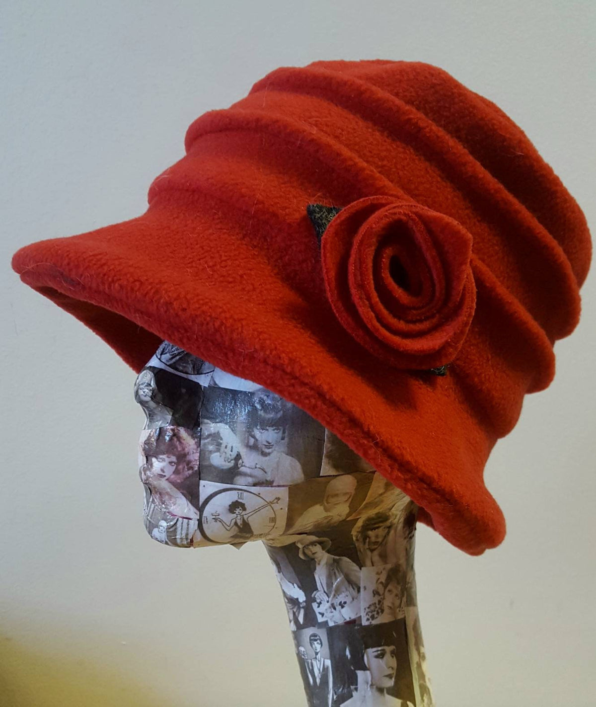 Red Fleece Hat Lined with Polar Fleece-Downton Abbey Hat-Womens Fleece Hat-Womens Fleece Winter Hat-1930's-Vintage Hat-Ladies Winter Hat