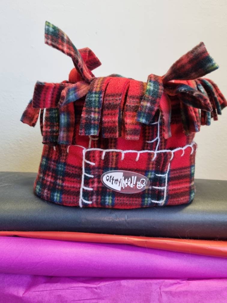 Tartan 'Tarantula' Fleece Hat with Blanket Stitch Detail- Fleece Winter Hat-Mens Winter hat- tartan fleece hat- Off My Head Hats