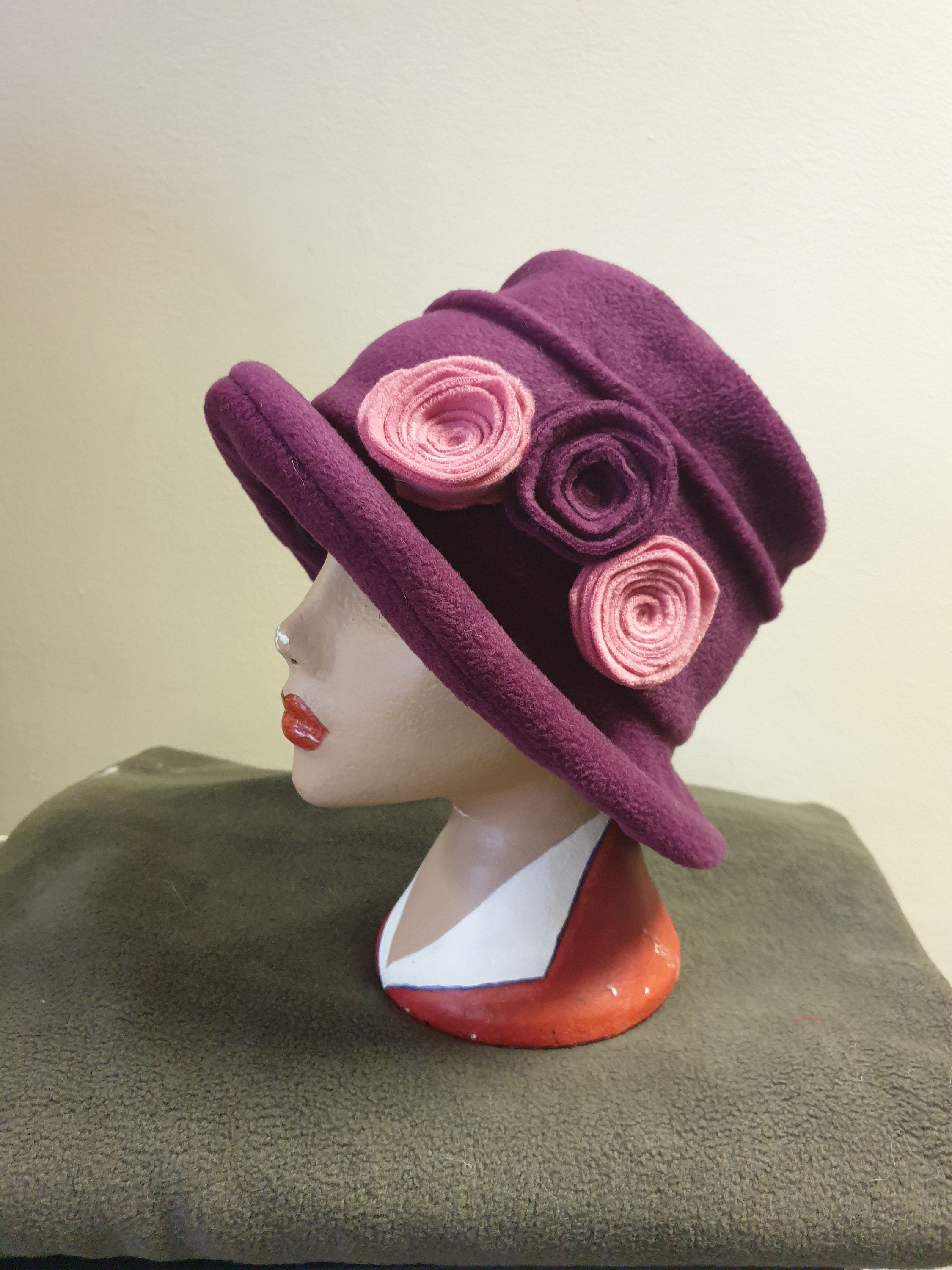 Plum Fleece Hat Lined with Polar Fleece-Downton Abbey Hat-Womens Fleece Hat-Womens Fleece Winter Hat-1930's-Vintage Hat-Ladies Winter Hat