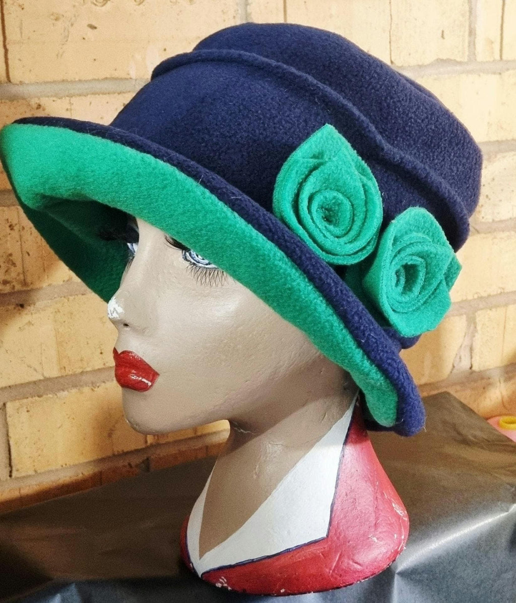 Fleece Cloche Hat: Navy Blue & Green, Downton Abbey Style