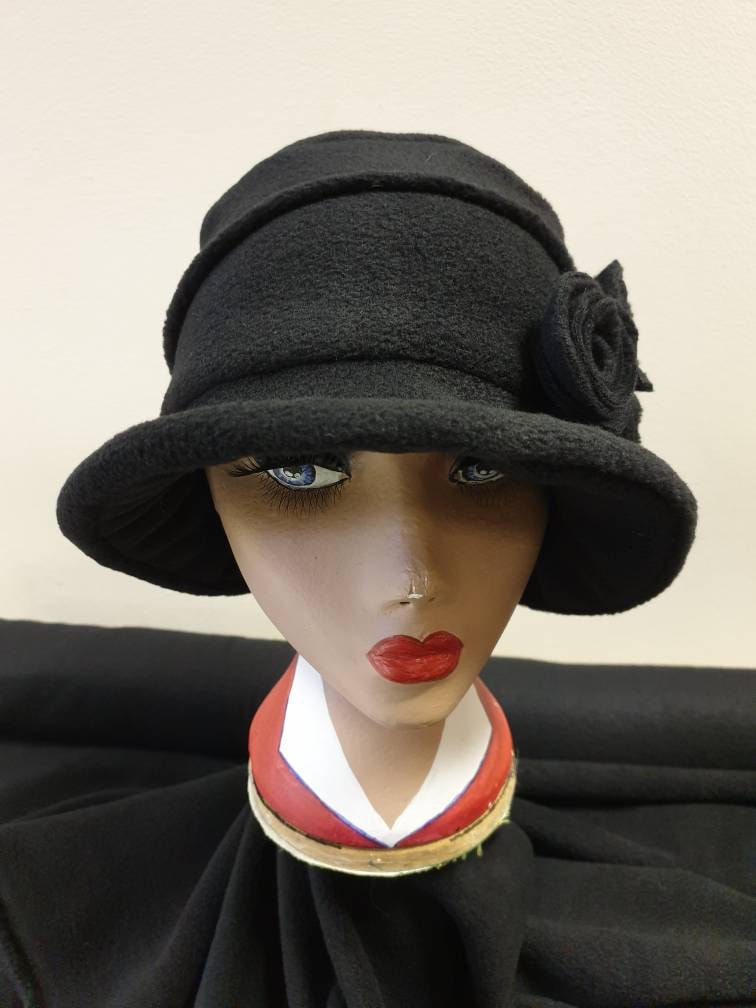 Cosy Black Fleece Hat with Pleated Top-Fully Fleece Lined-Downton Abbey Hat-Womens Fleece Hat-Womens Fleece Winter Hat-Ladies Winter Hat
