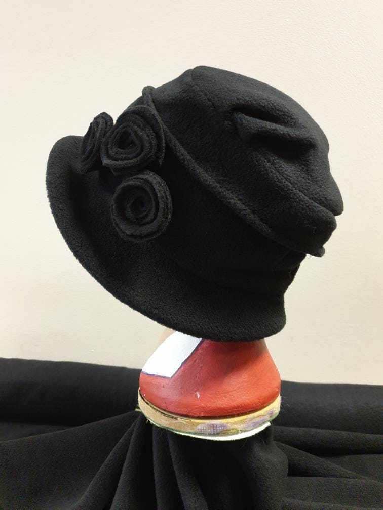 Cosy Black Fleece Hat with Pleated Top-Fully Fleece Lined-Downton Abbey Hat-Womens Fleece Hat-Womens Fleece Winter Hat-Ladies Winter Hat