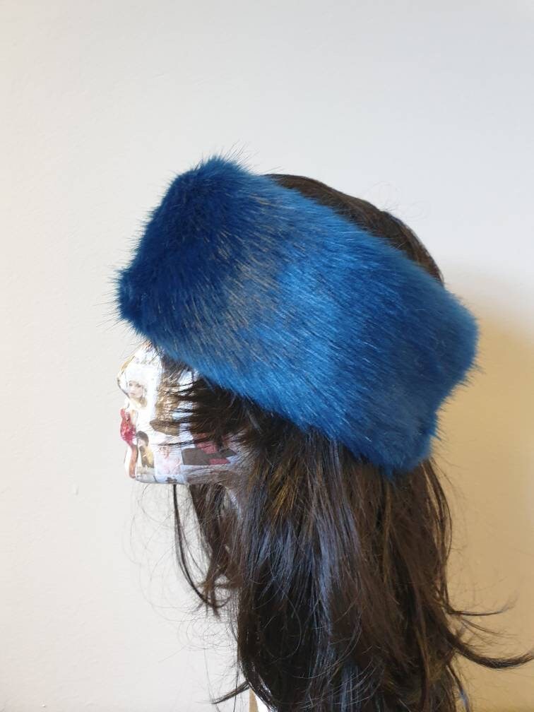 Sapphire Blue Luxury Faux Fur Headband / Neckwarmer / Earwarmer-Head Wrap-Fur Head Wrap-  Handmade in Lancashire England
