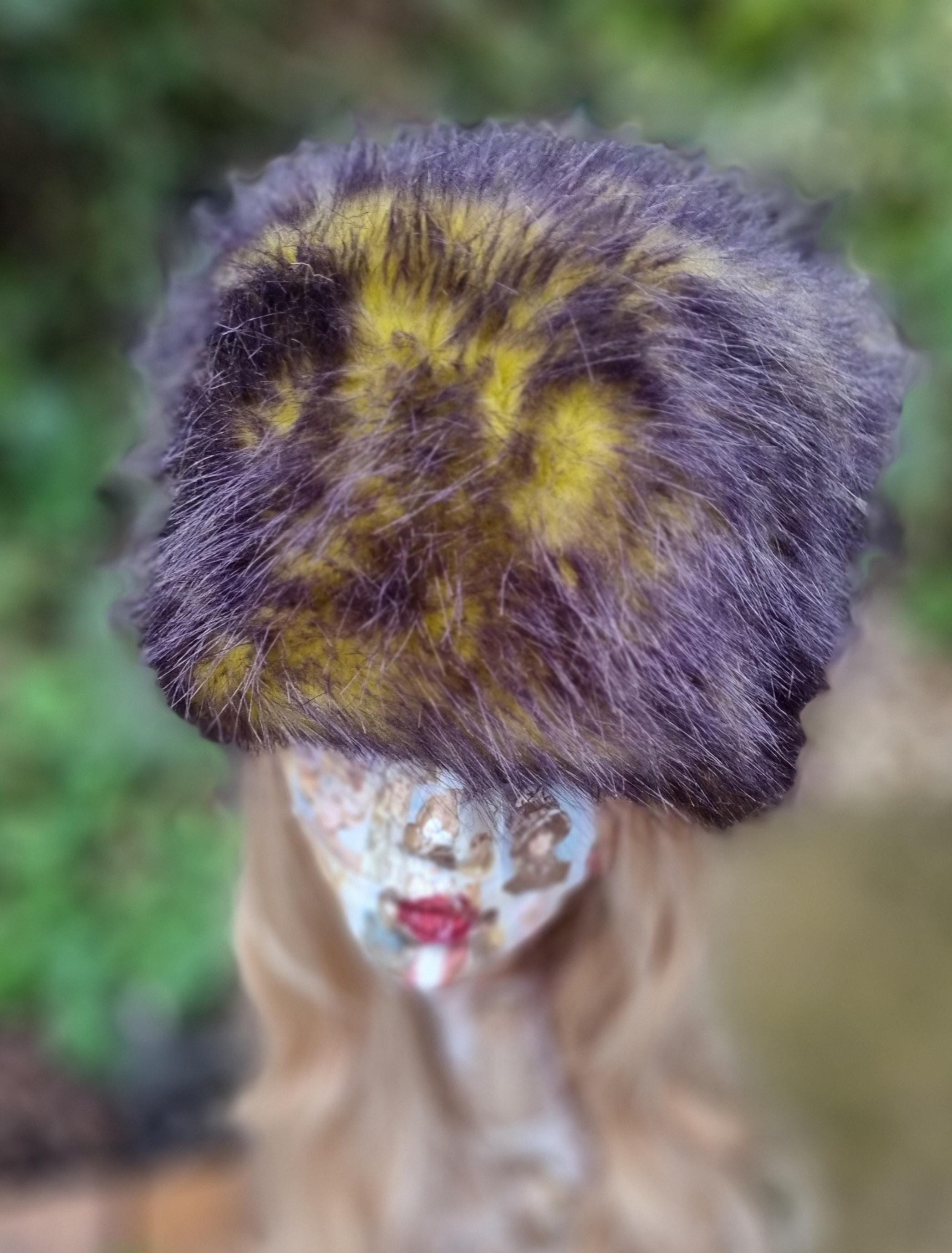 Yellow and Dark Grey Faux Fur Hat-Fleece Lining- Wintet Fur Hat-Black Fur Hat-Yellow-Cruelty Free-Vegan Fabric