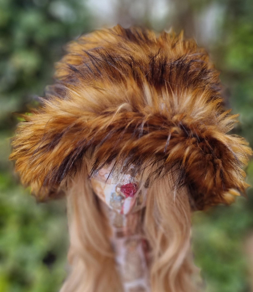 Foxy faux fur bucket hat — front view on mannequin, warm ginger and copper tones, handmade in the UK