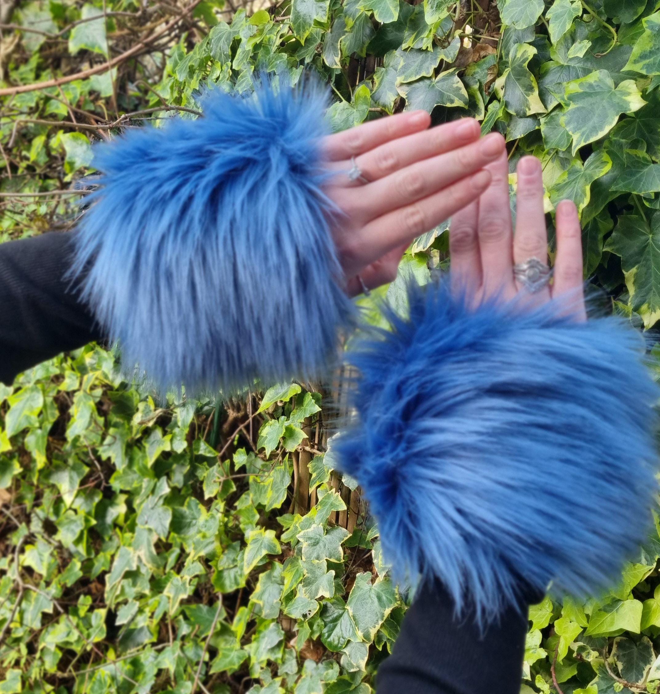 blue fluffy wrist cuffs handmade uk festival fashion